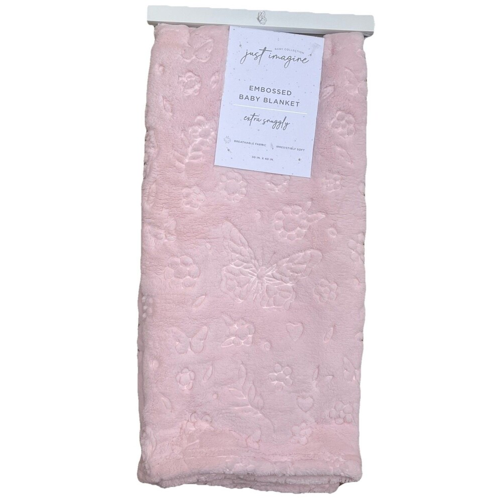 JUST IMAGINE Pretty Butterflies Pale Pink Flowers Embossed Baby Plush Blanket